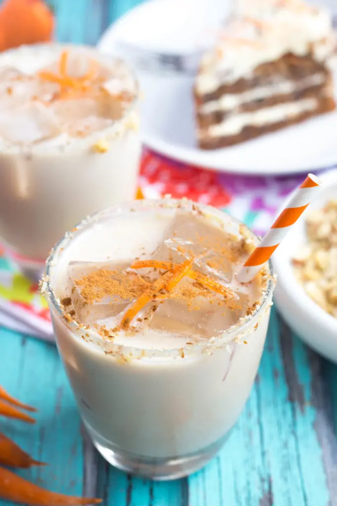 Close Up of Carrot Cake White Russian w/ Carrot Shavings & Ground Cinnamon