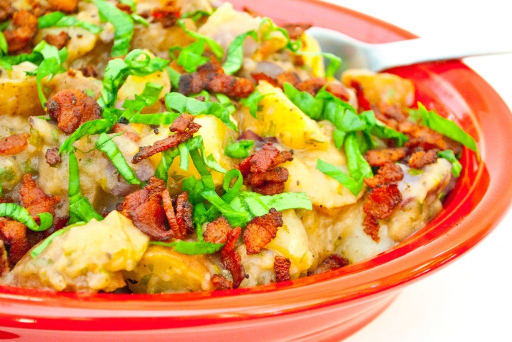 Close up of red, white, and blue potato salad