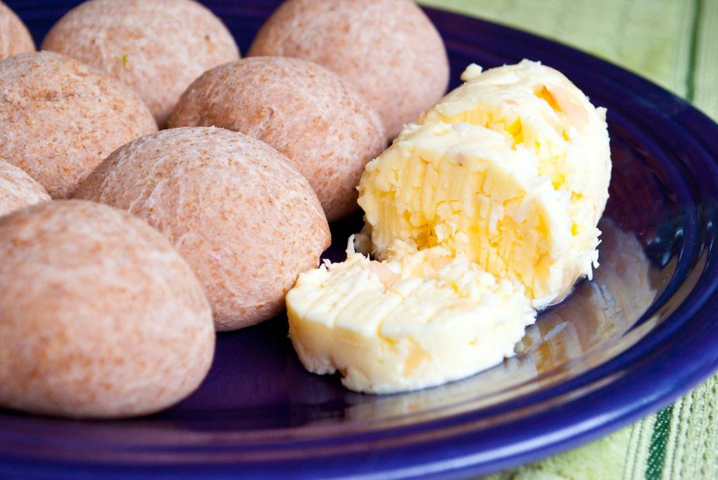 Close up shot of lychee butter and small taro rolls