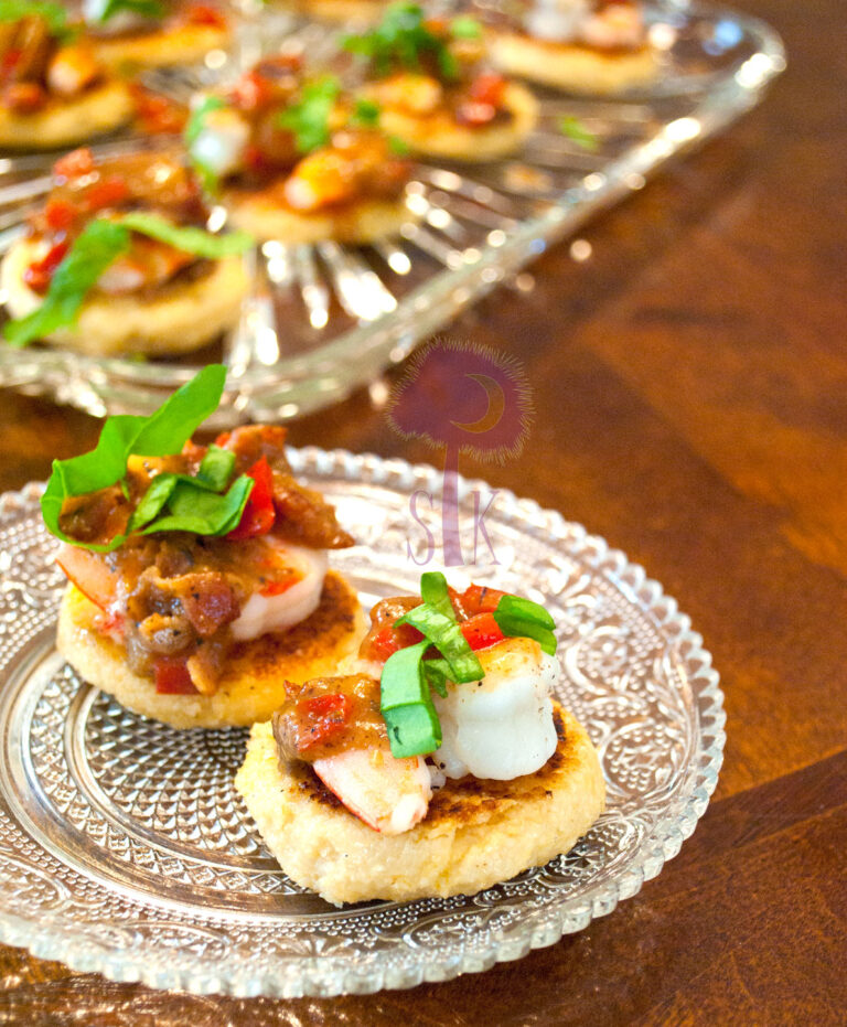 Charlestonian Lowcountry Shrimp and Grit Canapes with Basil Bacon Gravy