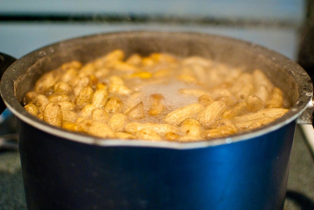 Blue pot of peanuts boiling on the stove
