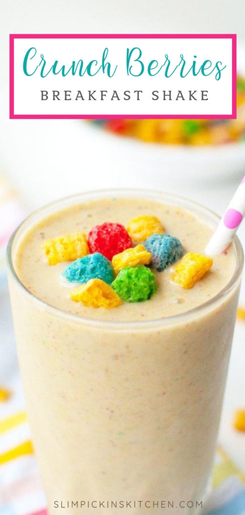 Close up pinterest image of crunch berries banana smoothie