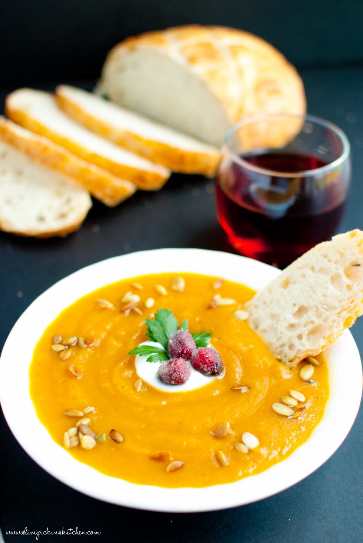 Autumn Harvest Soup with Candied Cranberries * Slim Pickin's Kitchen