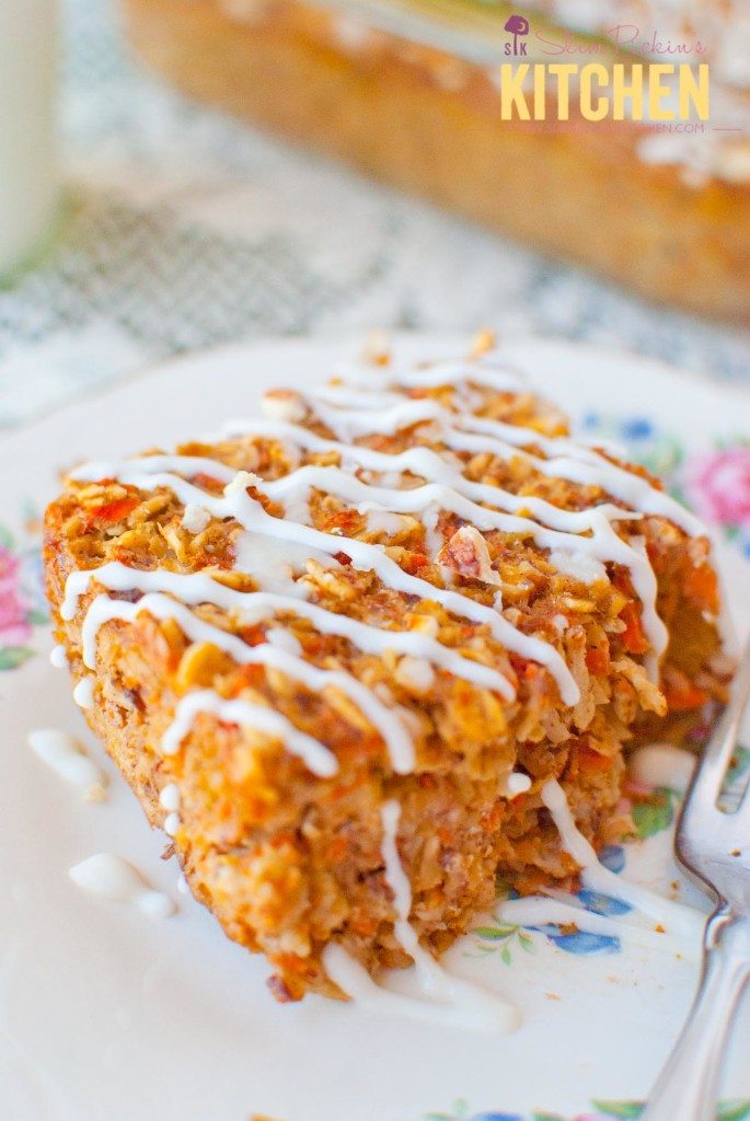 Healthy Carrot Cake Baked Oatmeal on a white plate for serving