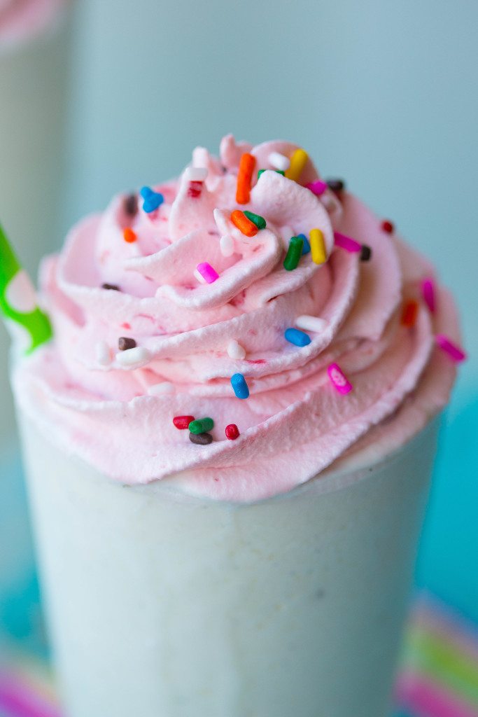 Boozy Starbucks Copycat Birthday Cake Frappucinos: Sad that the birthday cake frapp at Starbucks is no longer available? Don't fret! Throw some booze in the blender with ice and your milk of choice, and you've got an amazing boozy milkshake you'll celebrate with all year long! 