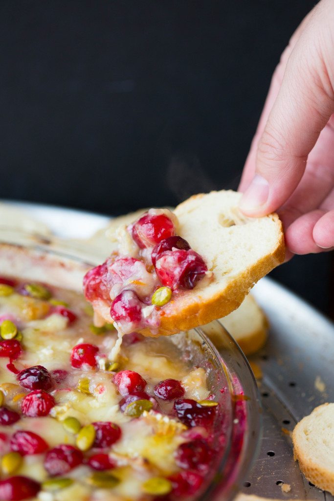 cranberry orange brie dip on toasted bageutte