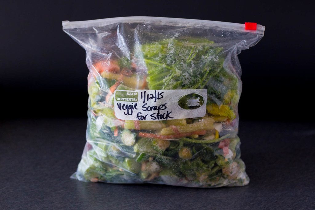 bag of frozen veggie scraps for vegetable stock