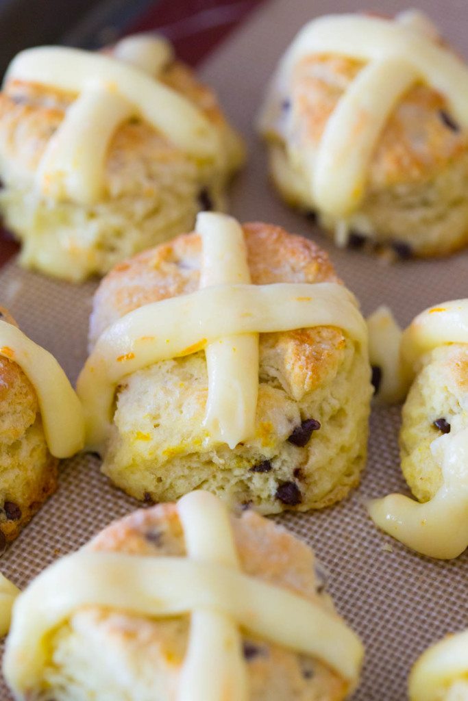 A platter of orange chocolate chip Easter Hot Cross Biscuits