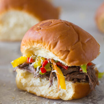 mini crock pot Italian beef on a roll with homemade giardiniera