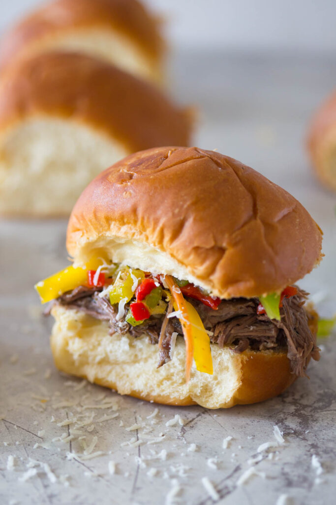 mini crock pot Italian beef on a roll with homemade giardiniera