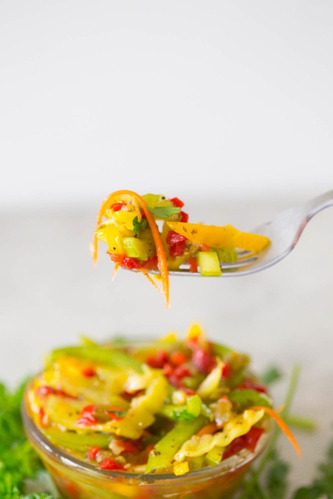 a close up fork full of homemade giardiniera for crock pot Italian beef