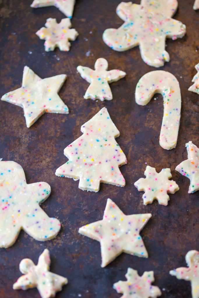 Christmas cut out cookies with sprinkles folded into the dough