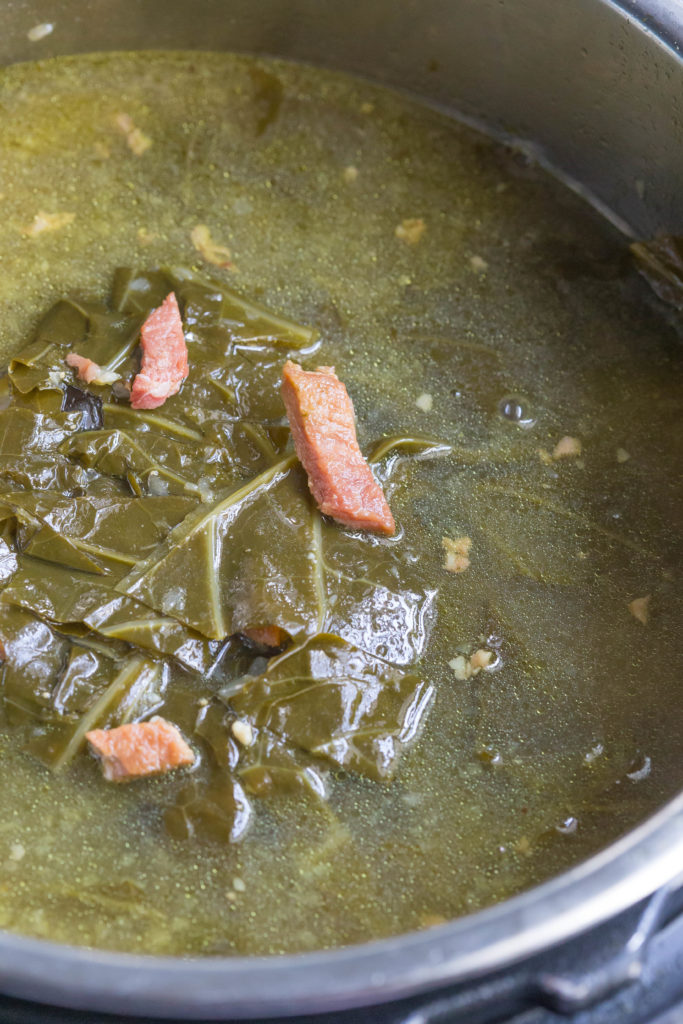 Up Close Picture of Instant Pot Collard Greens with Leftover Holiday Ham