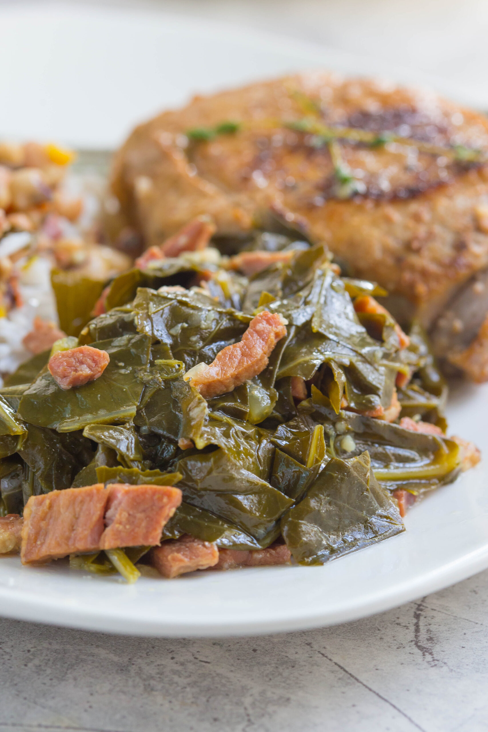 Quick collard greens cooked with holiday ham