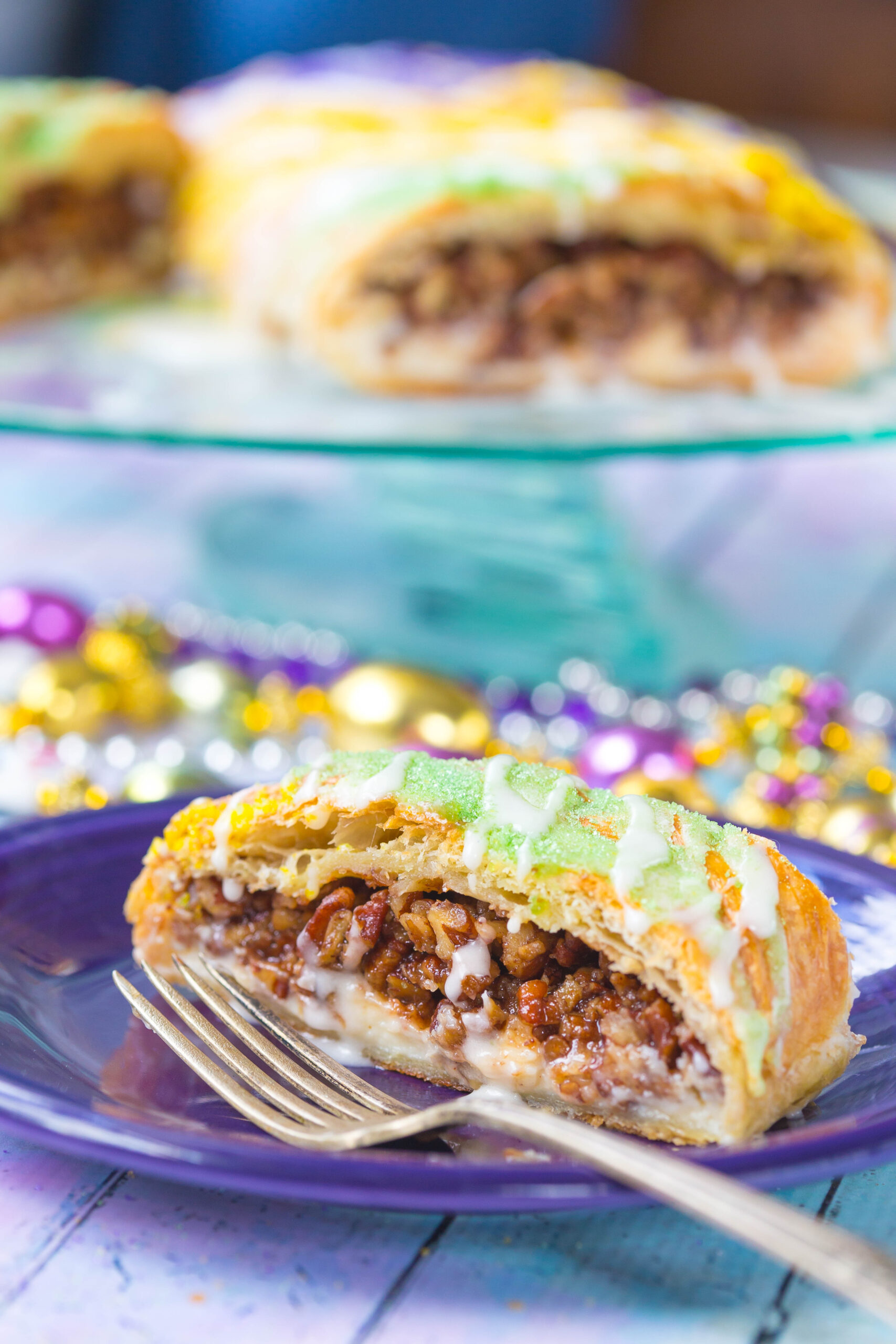 Mardi Gras King Cake with Pecan Praline Filling - Deep South Dish