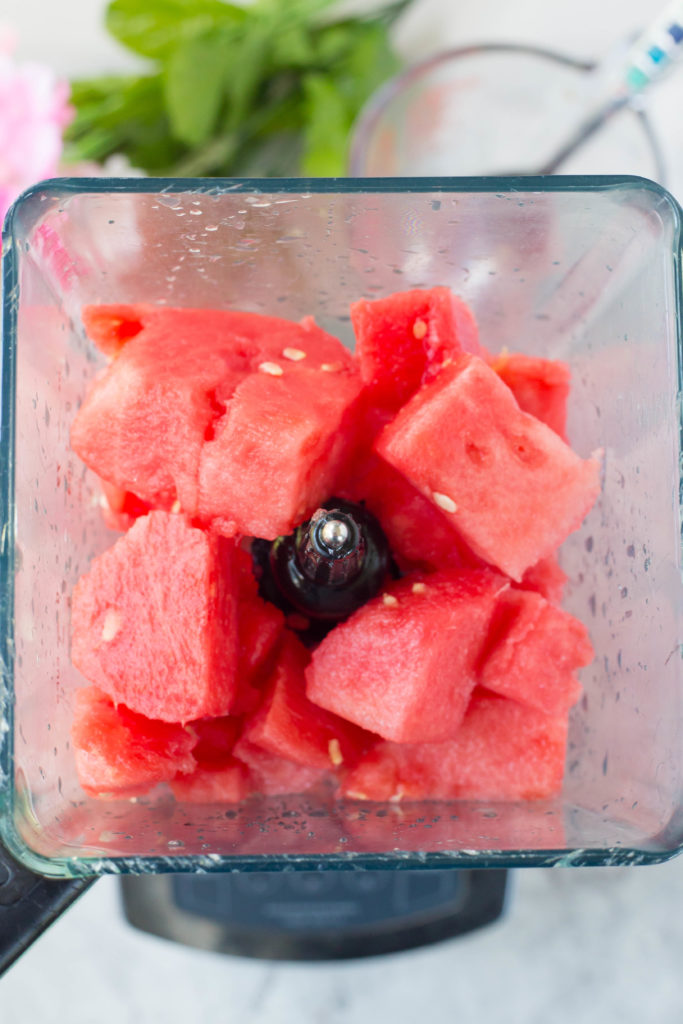 Close up of watermelon cubes in a blender