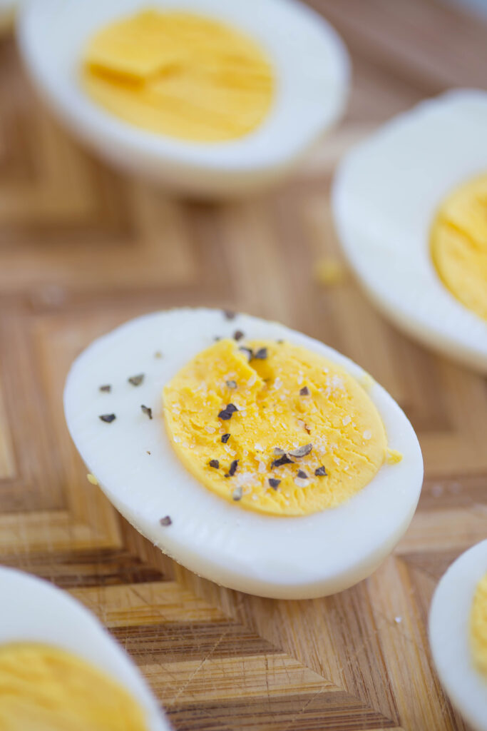 Close up of perfect boiled eggs with Everything seasoning