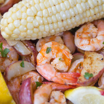 Very close up picture of broiled shrimp and corn