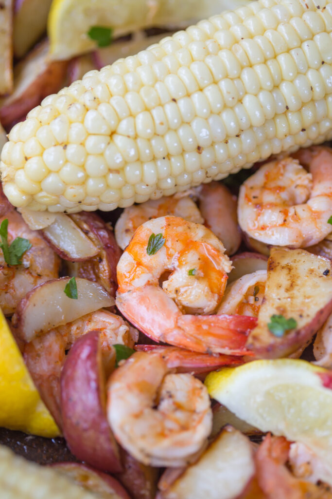 Very close up picture of Lowcountry shrimp boil