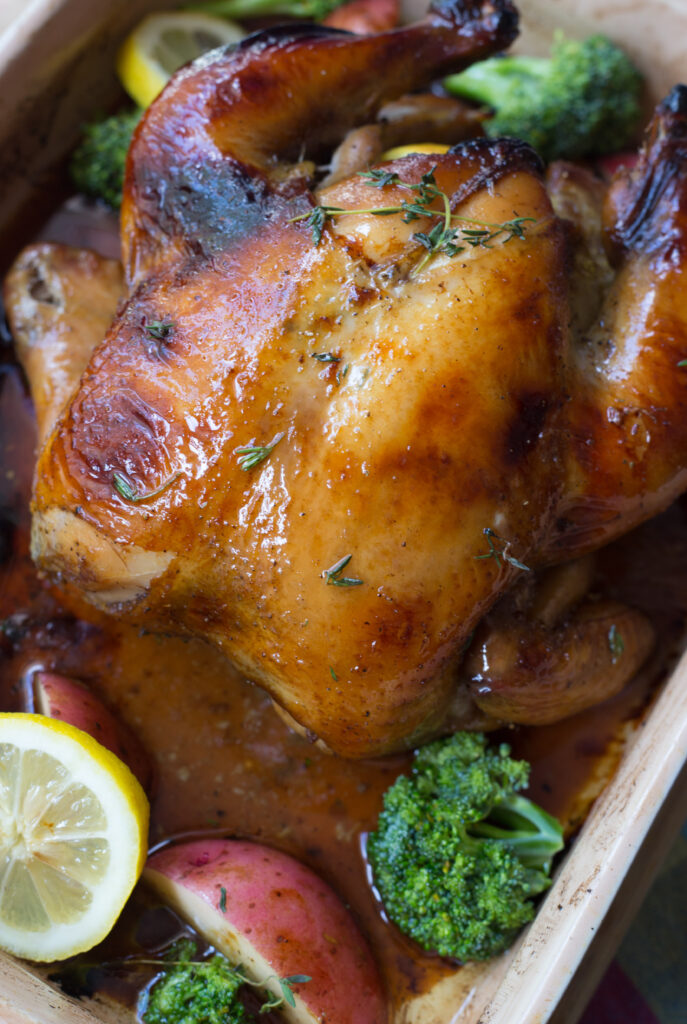 Sweet Tea Roasted Chicken in a roasting pan