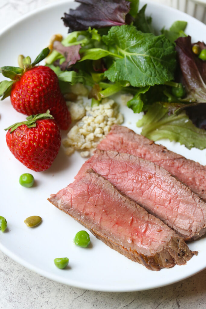 Slices of London Broil on a white plate