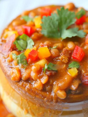 close up of homemade slow cooker baked beans in
