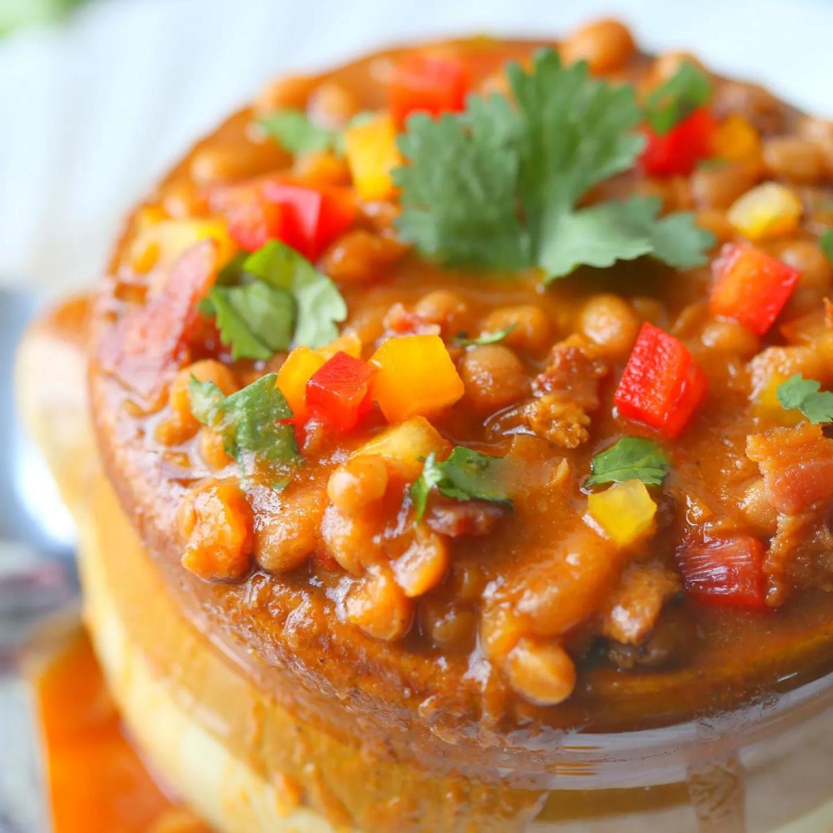 close up of homemade slow cooker baked beans in