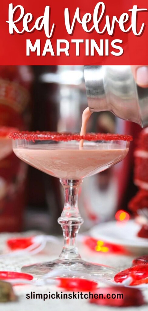 Red velvet chocolate martini pinterest hero image with cocktail being strained into a glass