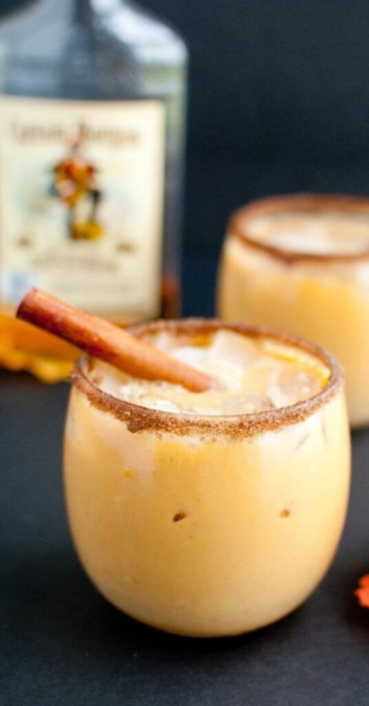 pumpkin horchata in a stemless glass rimmed with cinnamon sugar with a cinnamon stick stirrer straw
