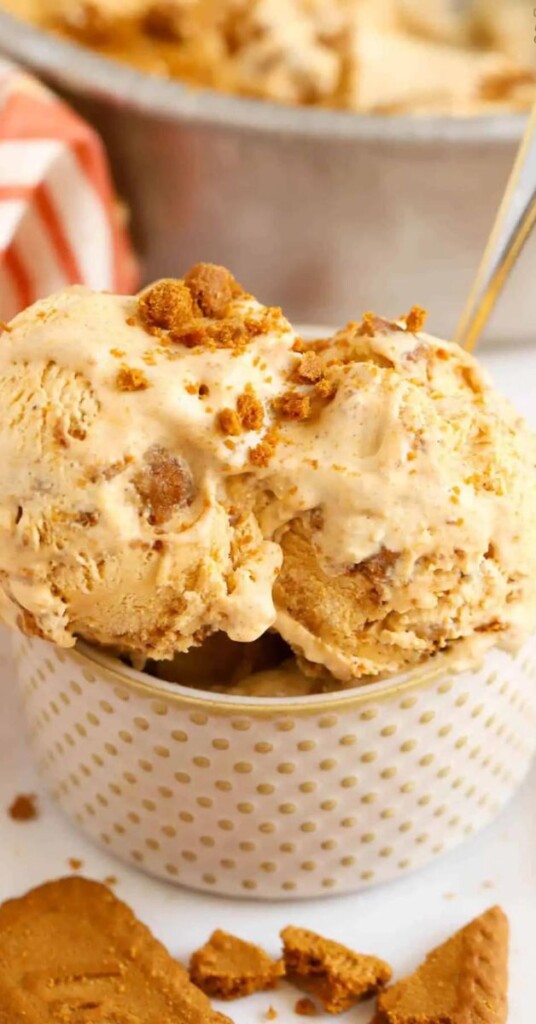 Cup of easy no churn pumpkin ice cream topped with crushed biscoff cookies
