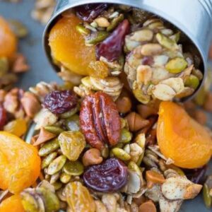 pumpkin trail mix with pumpkin seeds, pecans, cherries, and apricots