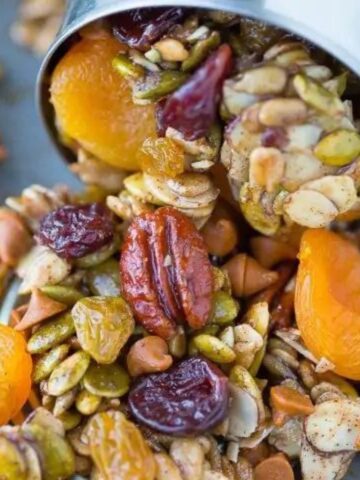 pumpkin trail mix with pumpkin seeds, pecans, cherries, and apricots