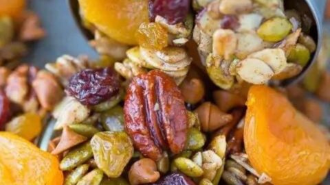 pumpkin trail mix with pumpkin seeds, pecans, cherries, and apricots